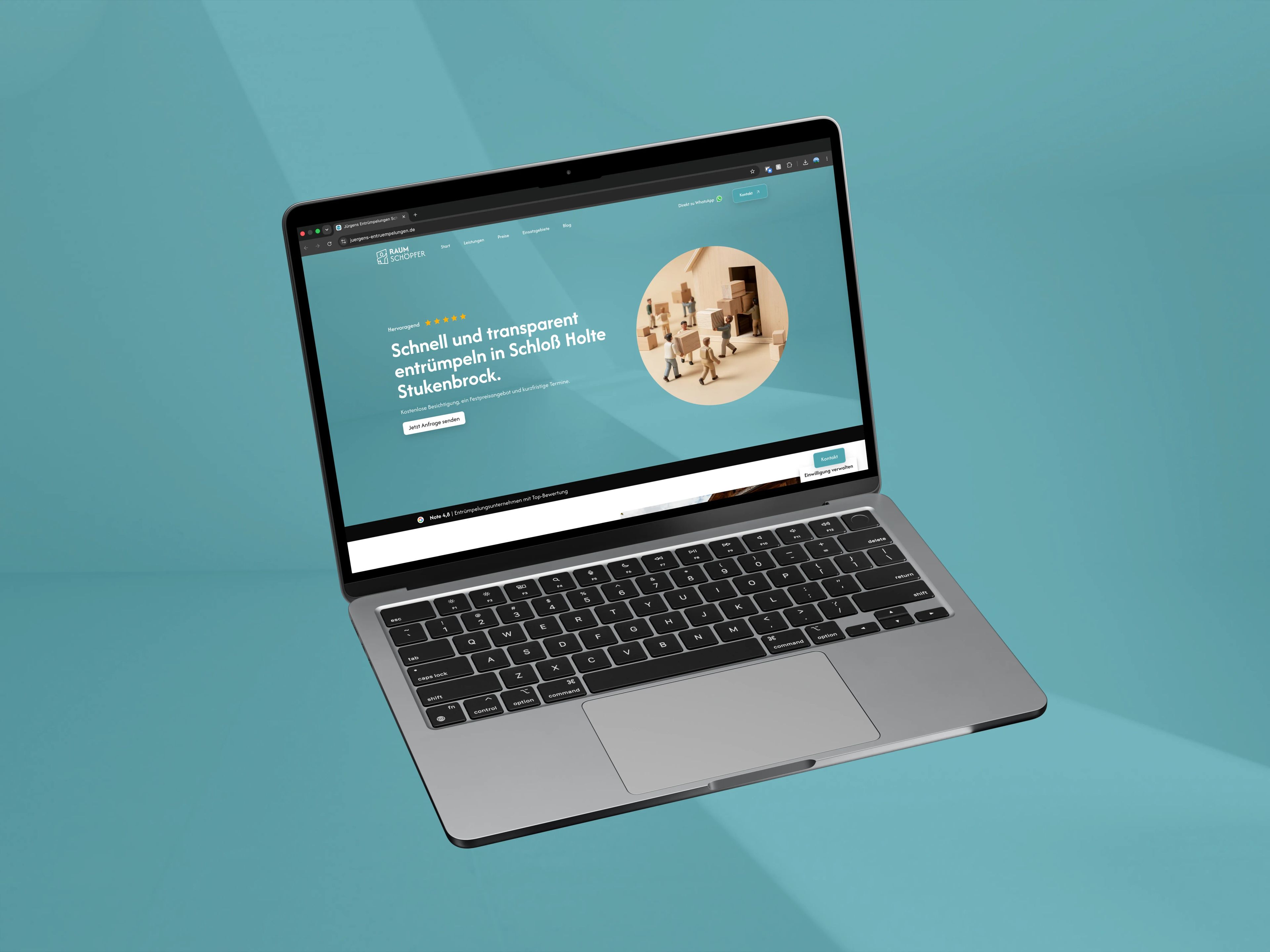 Ein grauer Laptop mit einer Website geöffnet, auf blauem Hintergrund